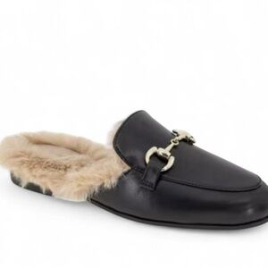 BCBG Black Fur-Lined Mules with Gold Accent